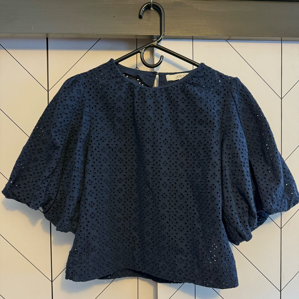 Joe’s Women Small Navy Blue Cotton Eyelet Flare Puff Sleeve Round Neck Blouse